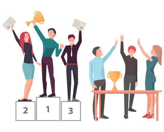 Colleagues Celebrate Business Victory Teamwork To Win In Business Reach Success People Take First Place In Competition Win Trophy Gold Prize Businessmen Or Clerks Standing With Cups In Hands Illustration