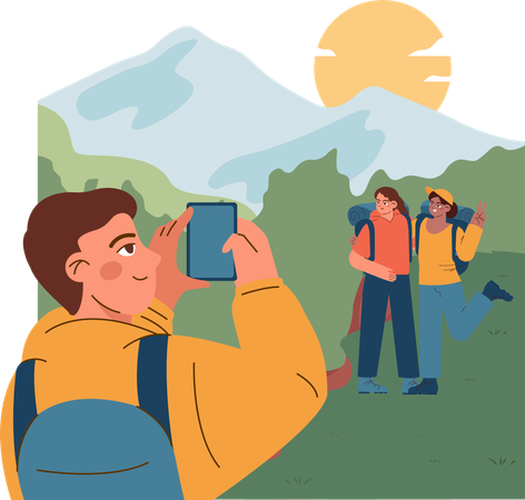 People taking photo on camping site  Illustration