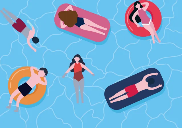 Swimming Background Vector Illustration In Flat Cartoon Style People Dressed Swimwear Swim In Summer And Performing Water Activities Illustration