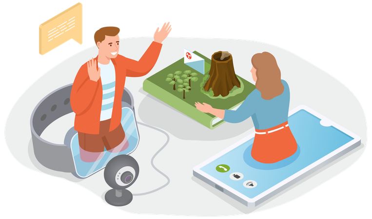 People talk on video link discuss vacation in Asia Travel to South korea  Illustration