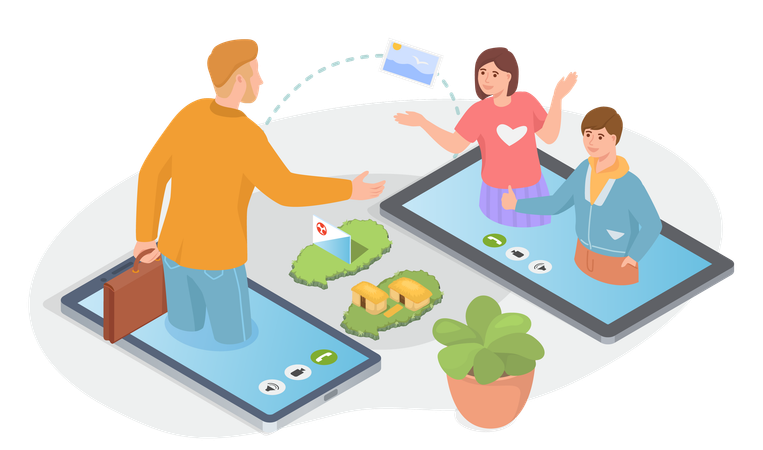 People talk on video link discuss vacation in Jeju  Illustration