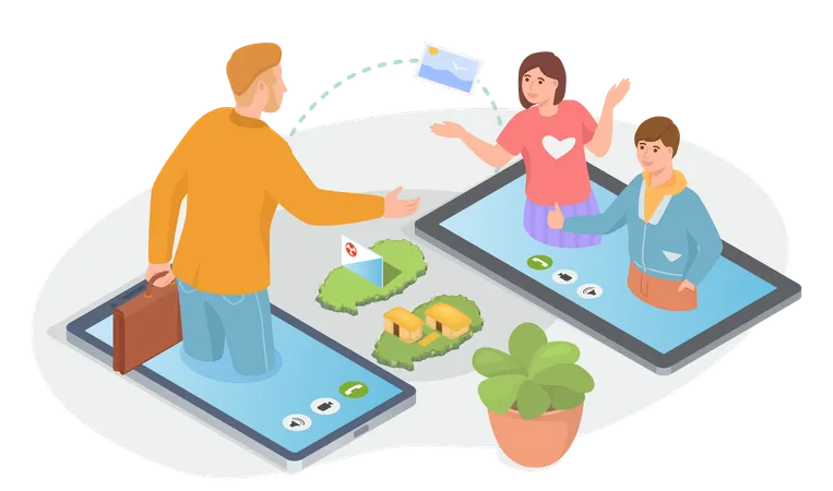 People talk on video link discuss vacation in Jeju  Illustration