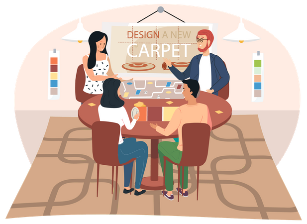 People talk to an interior designer discussing choosing carpet for room Illustration