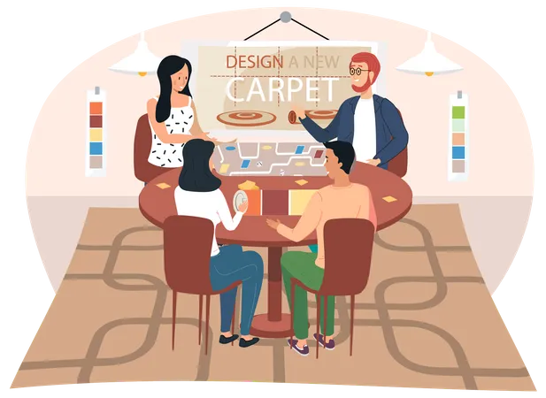 People talk to an interior designer discussing choosing carpet for room  Illustration