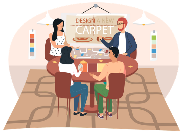 People talk to an interior designer discussing choosing carpet for room  Illustration