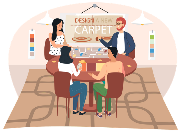 People talk to an interior designer discussing choosing carpet for room  Illustration