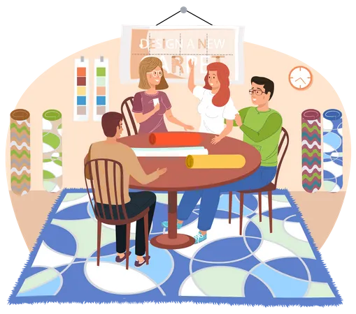 People Talk To An Interior Designer Discussing Home Improvement And Selecting Design Of Carpet For Room Concept Of Apartment Styling And Choosing New Rug Buyers Order Carpet From Home Textile Store Illustration