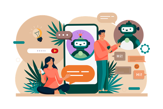 People talk with chatbot robots in smartphone app Illustration