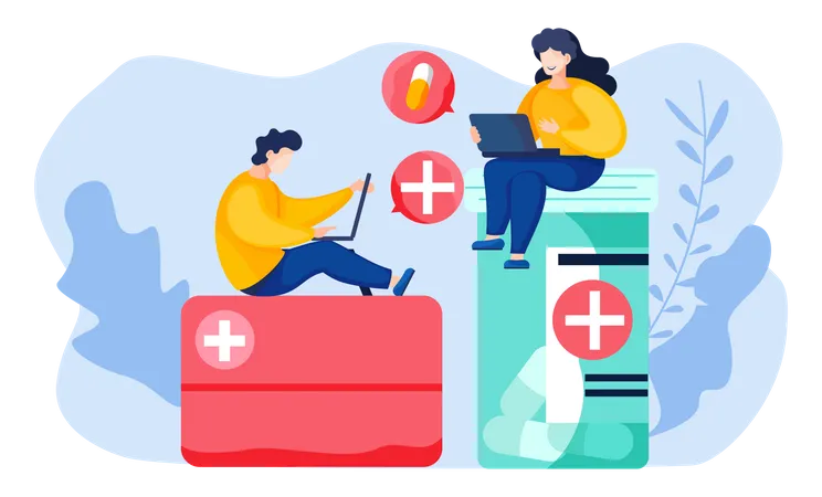 People Talking About Medicine And Treatment Two Cartoon People Sitting With Laptops Communicating Discuss Health Care And Health Protection Flat Vector Illustration With Man Woman And Pills Illustration
