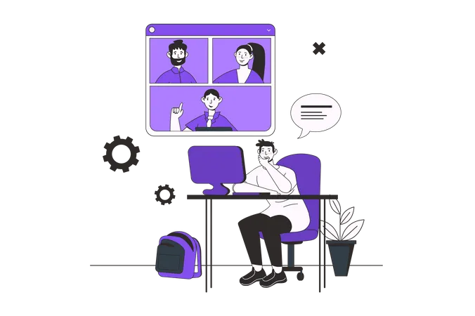 Video Conference Web Concept With Character Scene In Flat Design People Talking And Discuss Tasks Via Video Call Working Distance At Chat Vector Illustration For Social Media Marketing Material Illustration
