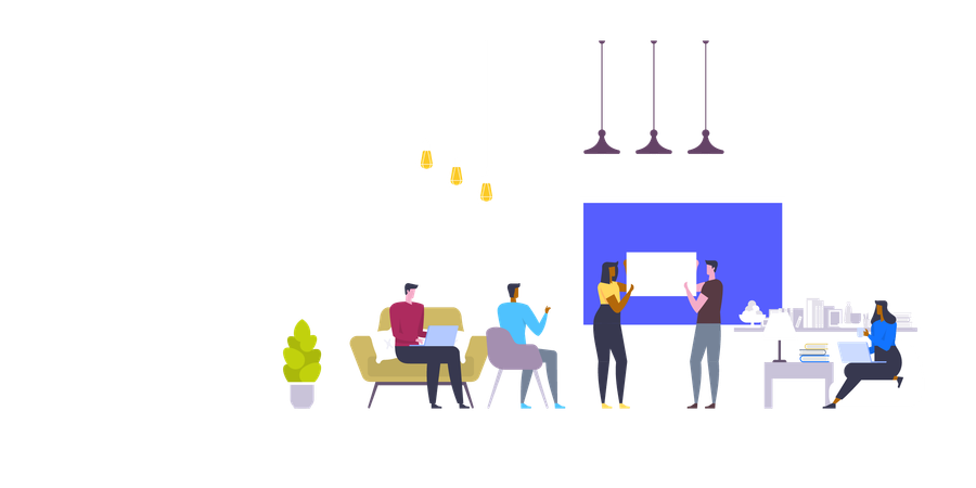 People talking and working at the computers in the open space office  Illustration