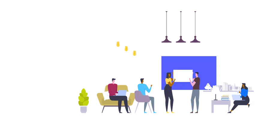 People talking and working at the computers in the open space office  Illustration
