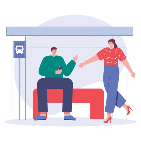 People talking each other on bus stop Illustration