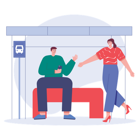 People talking each other on bus stop  Illustration