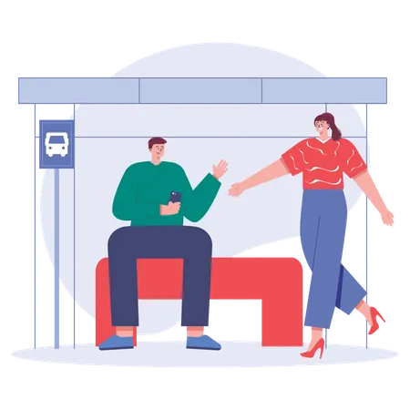 People talking each other on bus stop  Illustration