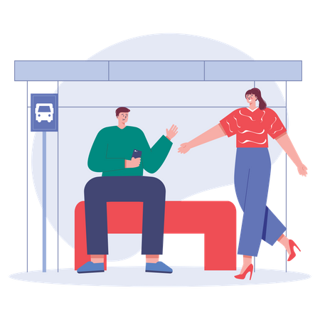 People talking each other on bus stop  Illustration