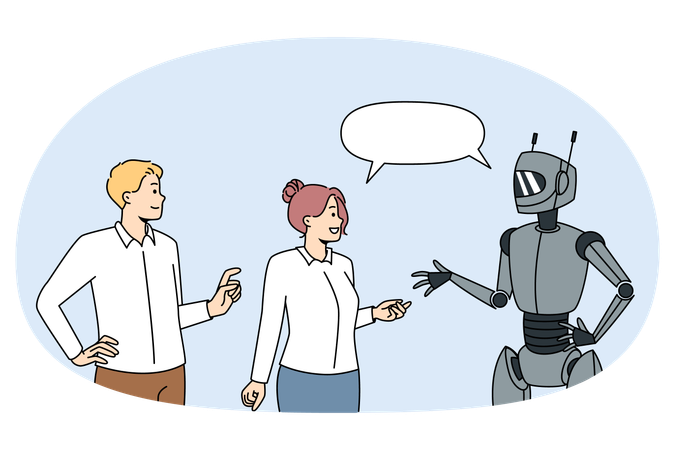 People talking with modern robot.  Illustration