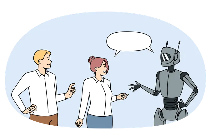 People talking with modern robot.  Illustration