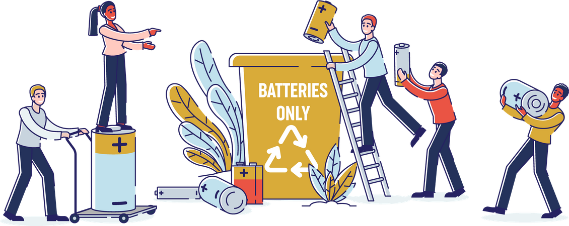 People Throw Batteries Into Garbage Container Illustration
