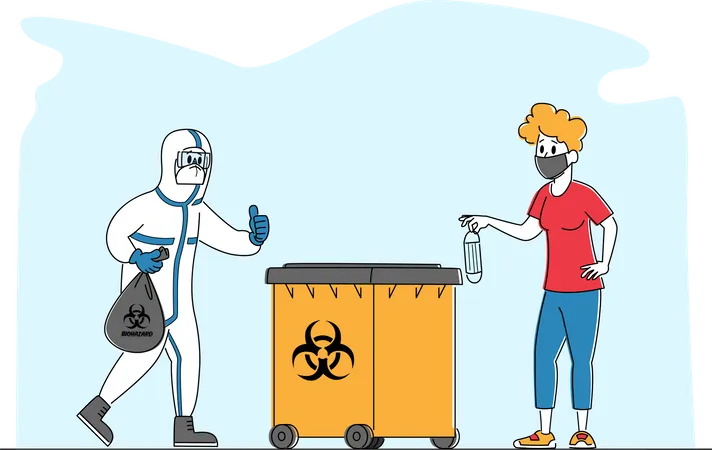 People Throw Covid19 Waste to Litter Bin with Bio Hazard Illustration