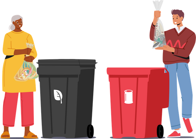 People Throw Garbage into Containers for Organic and Metal Waste  Illustration