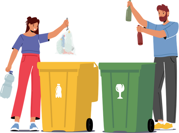 People Throw Garbage to Recycle Bins Illustration