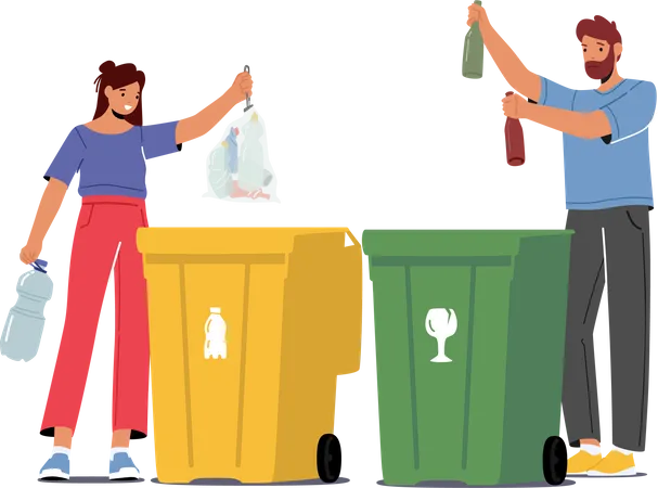 People Throw Garbage to Recycle Bins  Illustration