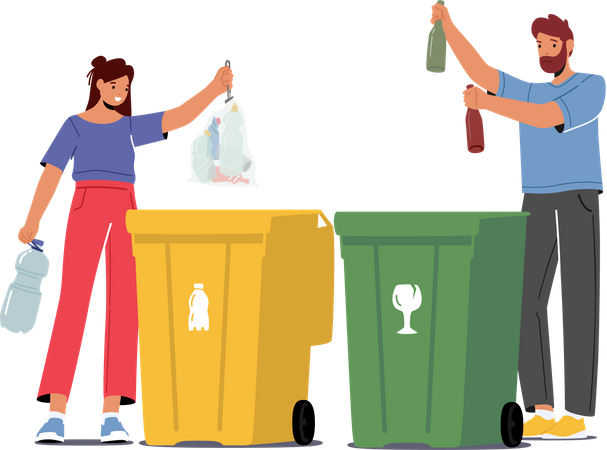 People Throw Garbage to Recycle Bins  Illustration