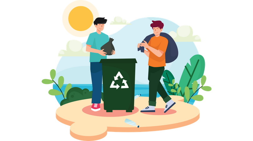 People throwing garbage in recycle bin  Illustration