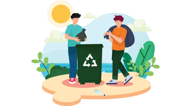 People throwing garbage in recycle bin  Illustration