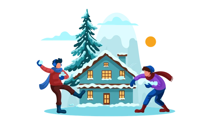 People throwing snowball at each other Illustration