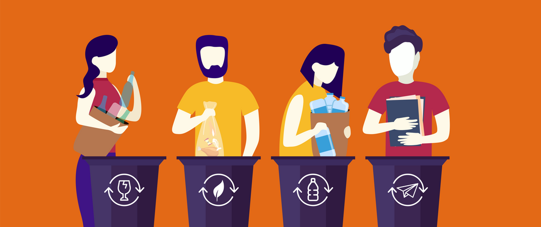 People throwing trash in recycle bin  Illustration