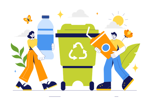 People Throwing Trash in Recycle Dustbin  Illustration