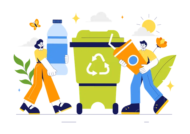 People Throwing Trash in Recycle Dustbin  Illustration