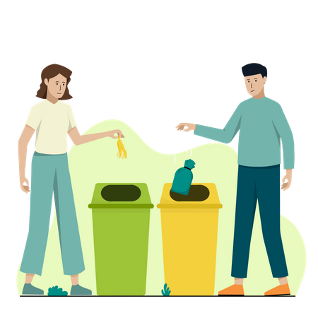People throwing waste into different bins  Illustration