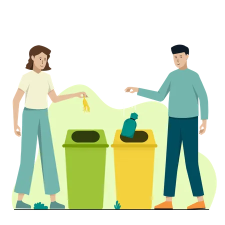 People throwing waste into different bins  Illustration