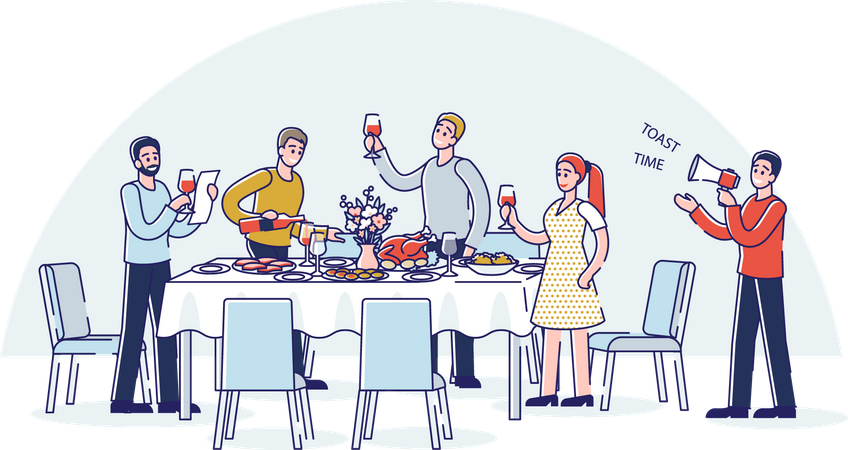 People toasting standing around holiday dinner table Illustration