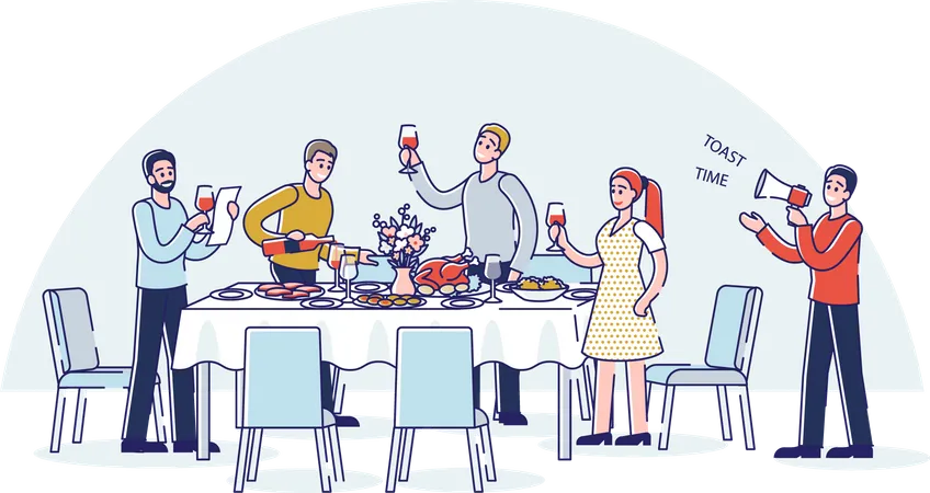 People toasting standing around holiday dinner table Illustration
