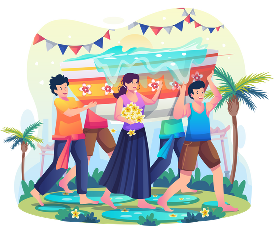 People together carrying  giant bowls of water to celebrate Songkran Day Illustration