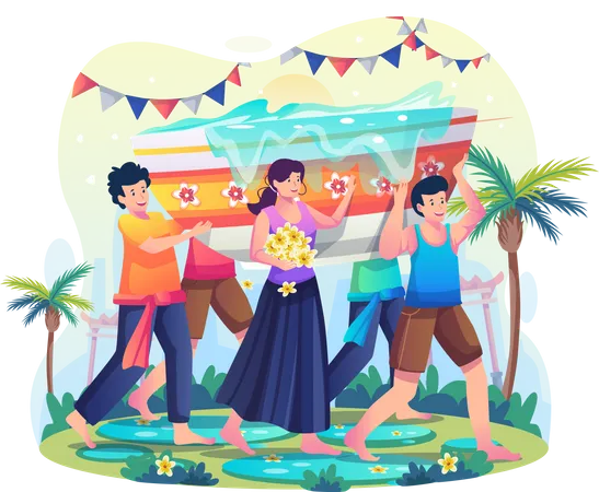 People together carrying  giant bowls of water to celebrate Songkran Day  Illustration