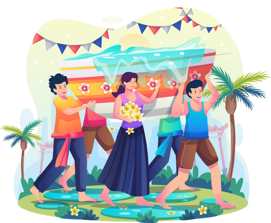 People together carrying  giant bowls of water to celebrate Songkran Day  일러스트레이션