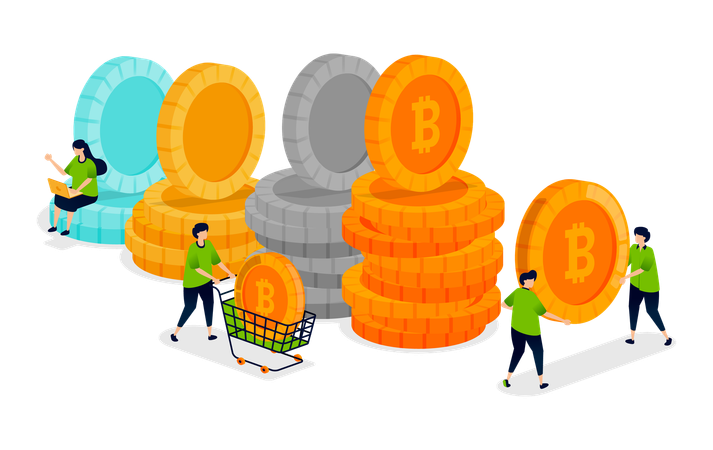 人々はビットコインを取引し、支払いに使う  イラスト