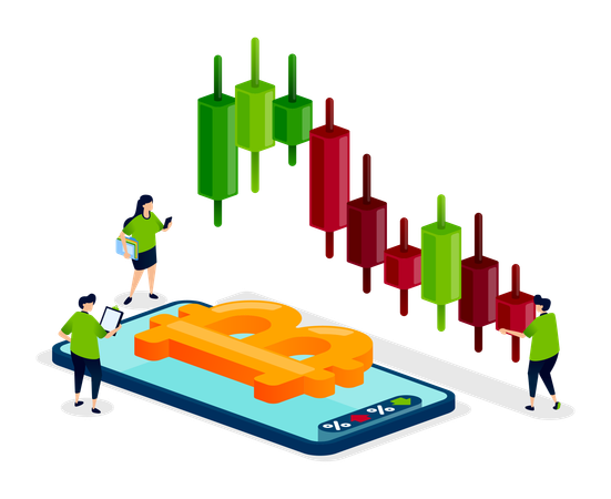 ビットコインアプリで暗号通貨を取引する人々  イラスト