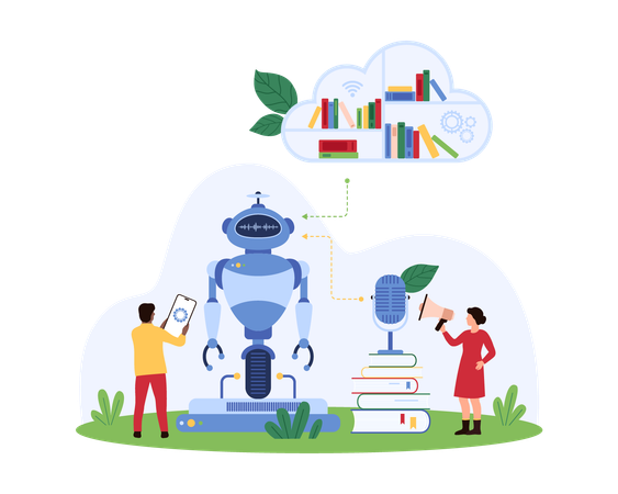 People training AI assistant using cloud data library storage  Illustration