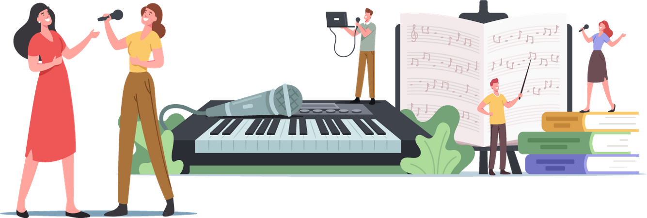 People Training Voice and Singing Songs  Illustration
