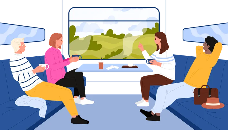 People Travel In Train Compartment Vector Illustration Cartoon Group Of Young Male And Female Characters Sitting On Seats By Window To Drink Coffee And Talk Conversation Between Girls And Guys Illustration