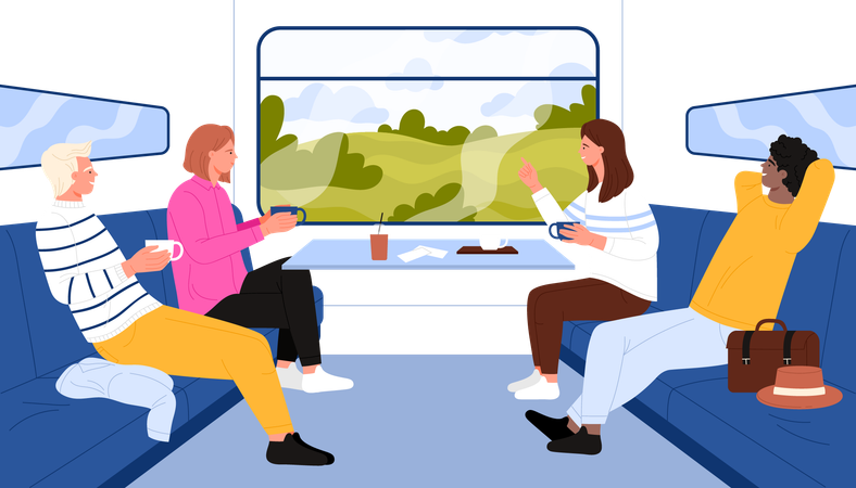 People travel in train compartment  Illustration