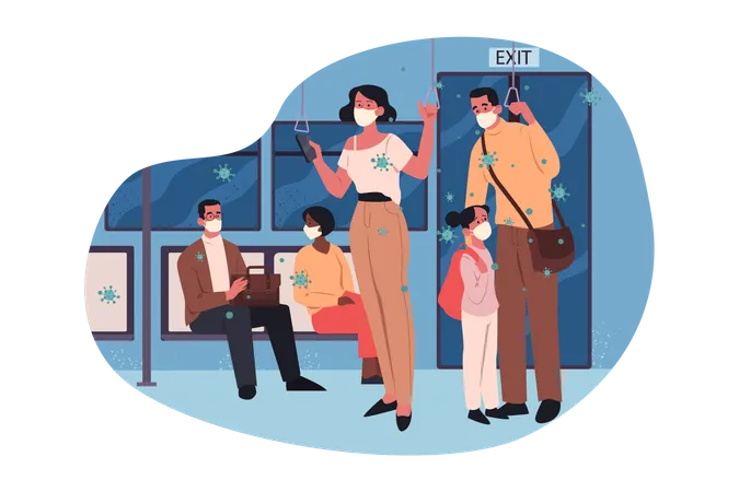 People travel on public transport during covid  イラスト