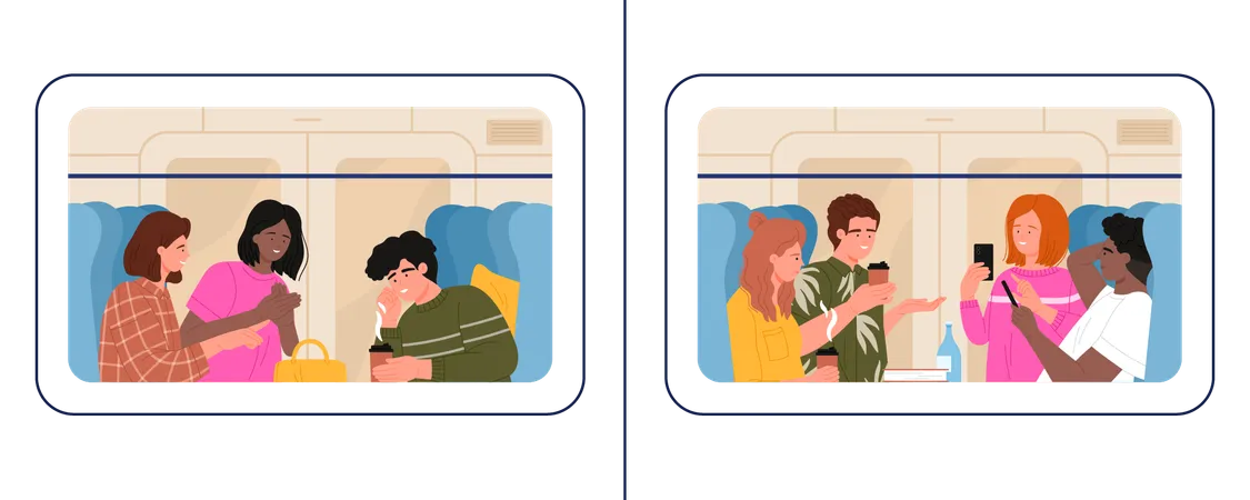 People Travel On Train View Through Wagon Window Vector Illustration Cartoon Scenes With Passengers Sitting In Car Interior Happy Young Woman And Man Talk And Drink Coffee With Conversation 일러스트레이션