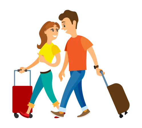 Walking Tourists With Baggage Vector Couple On Journey Vacation Of People Man And Woman Relaxing Together Travelers With Luggage And Suitcases Illustration
